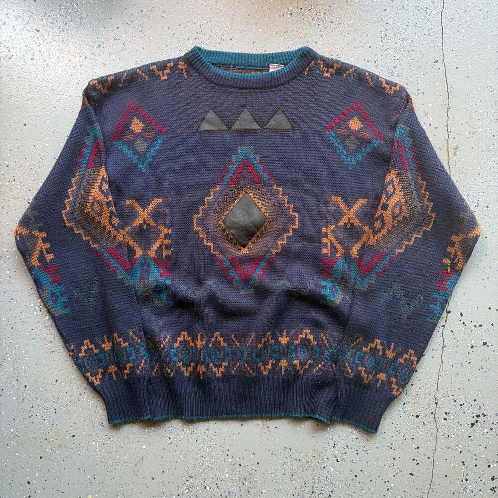 Vintage 90s Southwestern Aztec Print Crewneck Sweater with Leather Trim - Picture 2 of 7